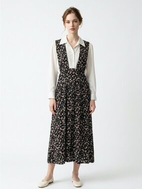 VTG 80's Floral Black Pinafore Cottagecore Academia Women's 12 Collared Dress